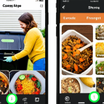 **

A split-screen image. On one side, a person happily exchanging homemade food with a neighbor through a mobile app interface showcasing a food-sharing platform. On the other side, a compost bin overflowing with food scraps being minimized into a small container, symbolizing reduced food waste. The overall style is bright, cheerful, and eco-friendly.

**