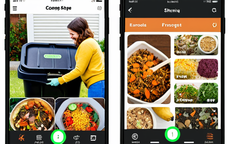 **
A split-screen image. On one side, a person happily exchanging homemade food with a neighbor through a mobile app interface showcasing a food-sharing platform. On the other side, a compost bin overflowing with food scraps being minimized into a small container, symbolizing reduced food waste. The overall style is bright, cheerful, and eco-friendly.
**